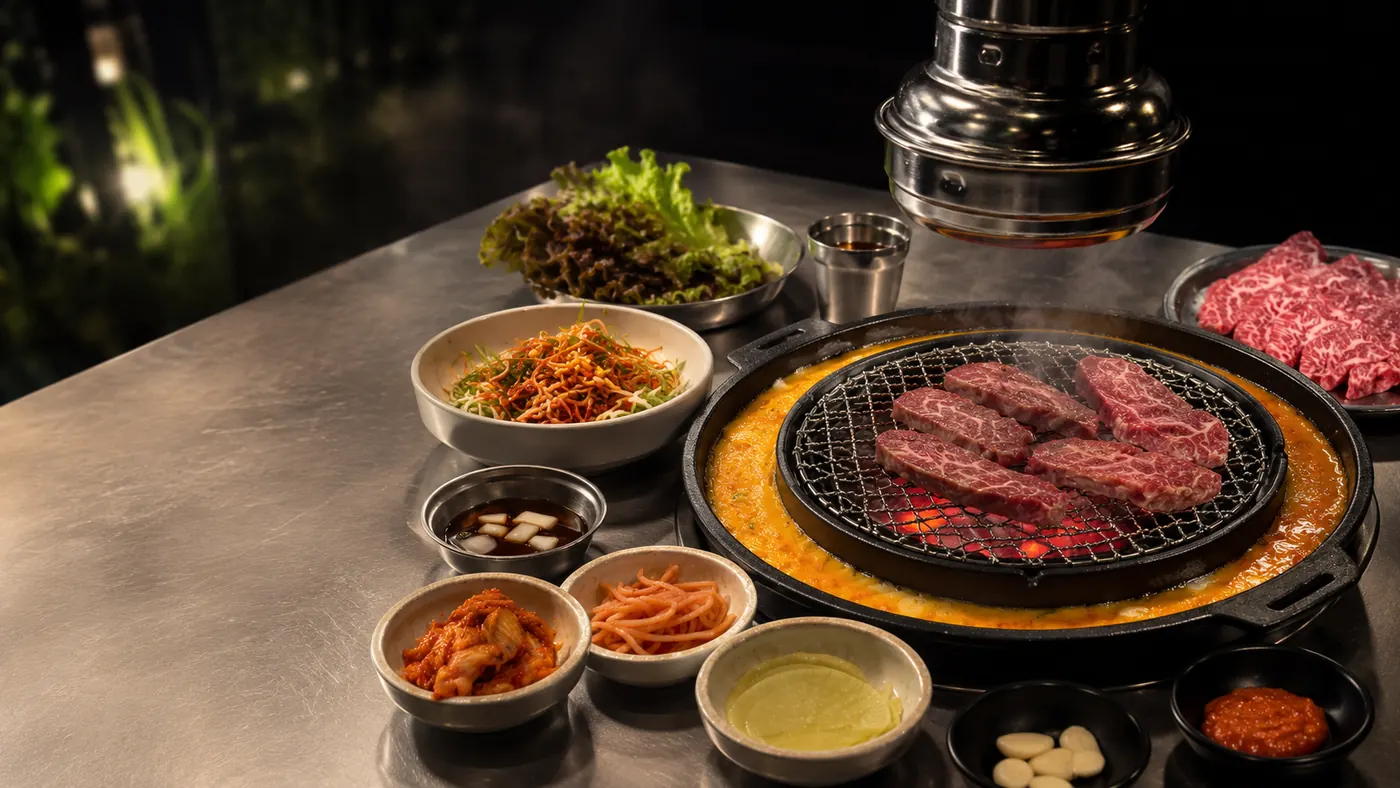 A Korean barbecue table spread at Sam's Korean BBQ