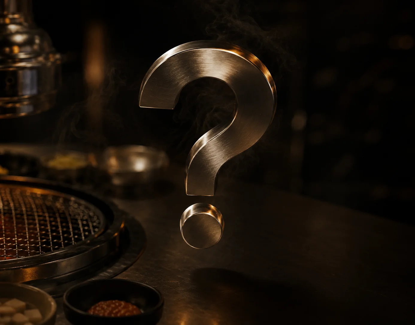 A metallic question mark suspended over a Korean barbecue table