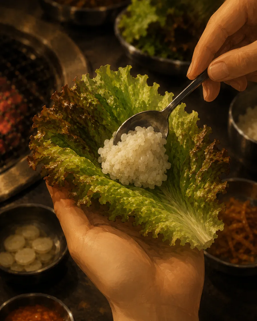 Steamed rice added to the lettuce leaf