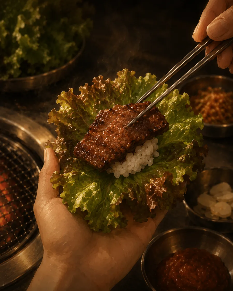 Grilled meat added on top with tongs