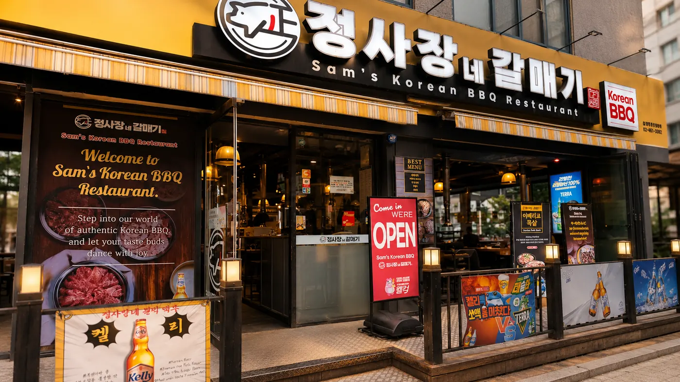 Storefront of Sam's Korean BBQ during the day